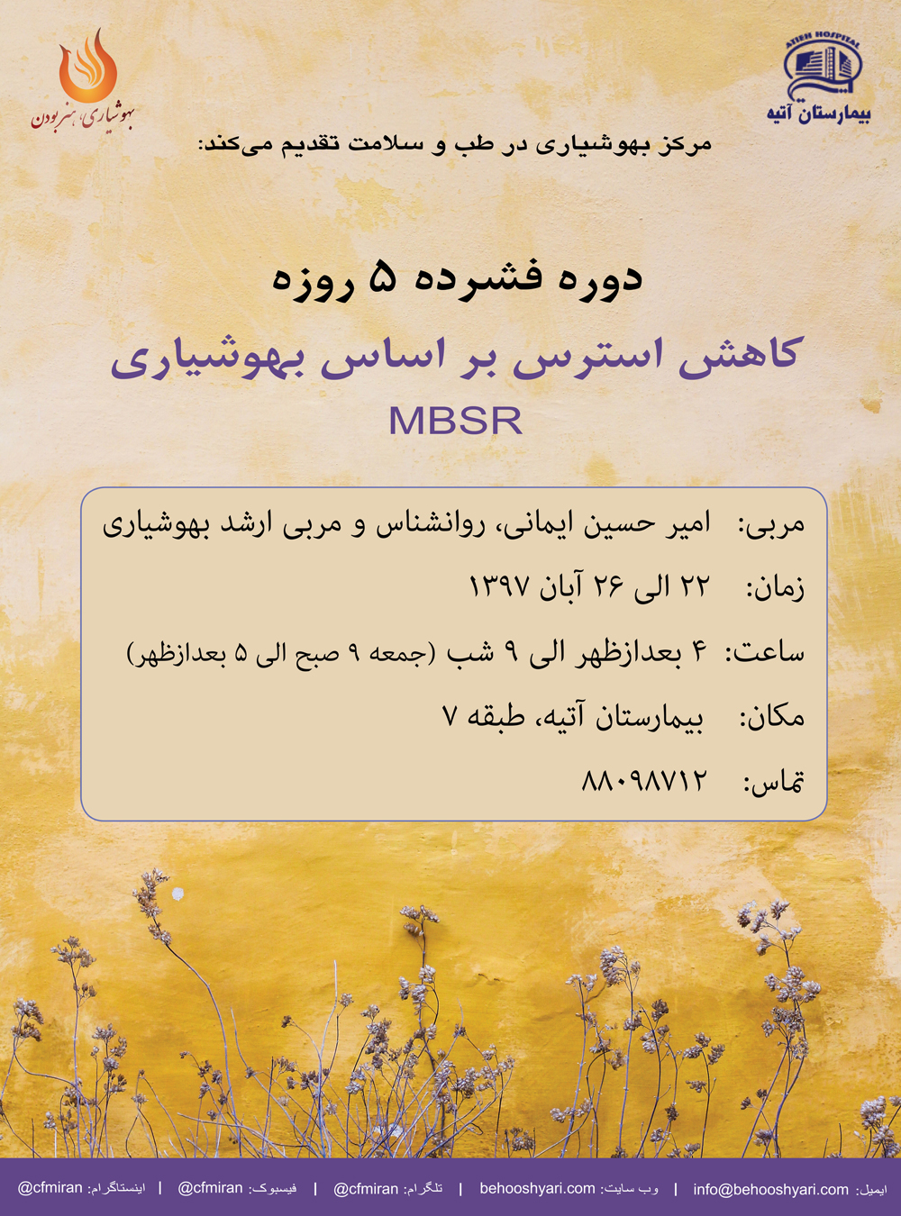 دوره فشرده كاهش استرس بر اساس بهوشياري/ آبان 97/ بيمارستان آتيه